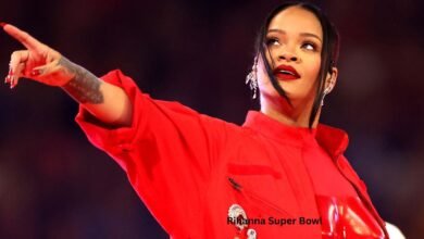 Rihanna Super Bowl performance in red outfit on floating stage