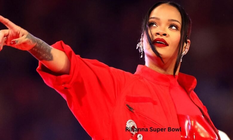 Rihanna Super Bowl performance in red outfit on floating stage
